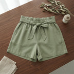 Sage Green Paperbag Waist Linen Shorts with Tie Belt