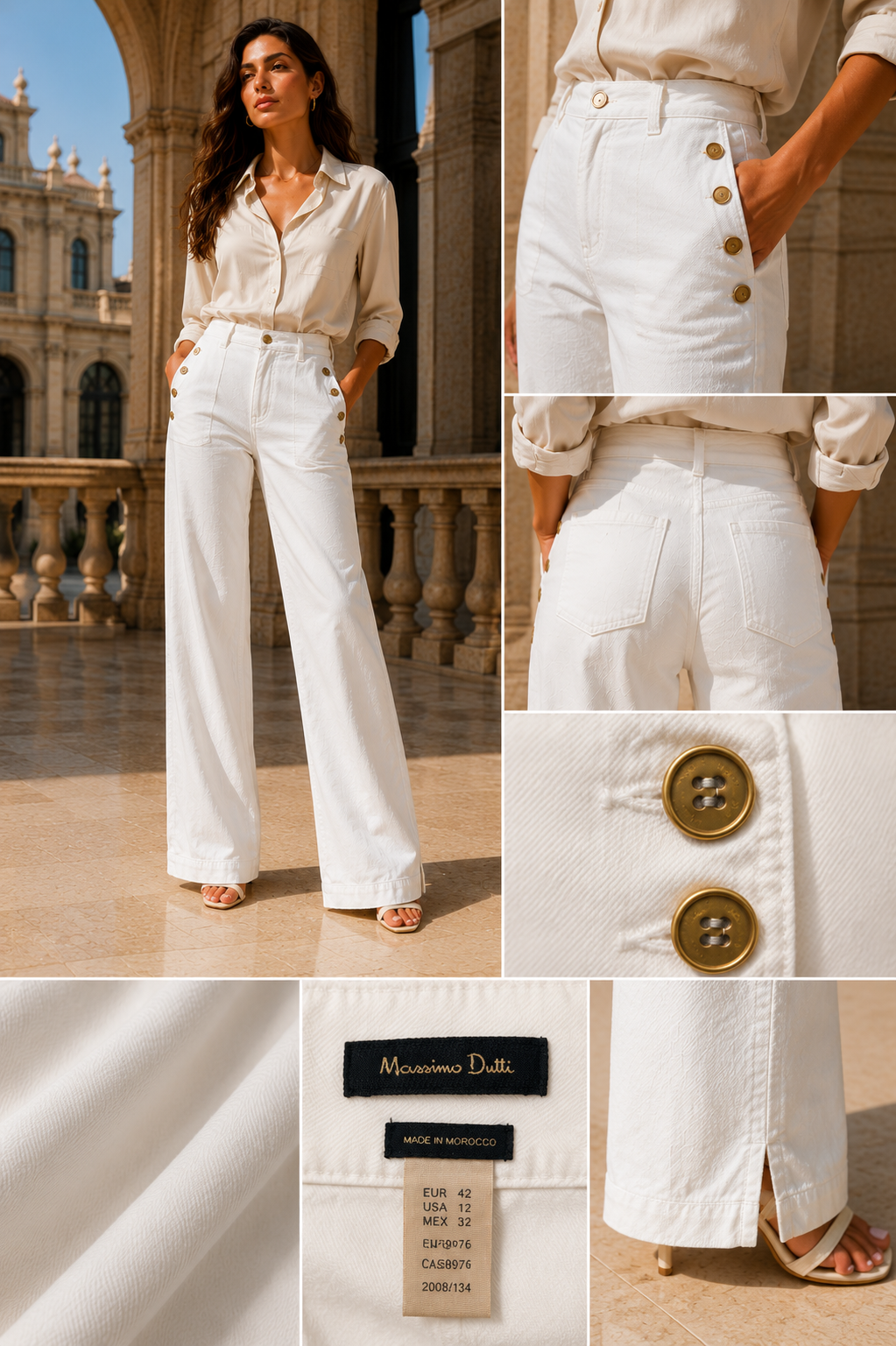 Massimo Dutti White Sailor Bootcut Trousers - Size L