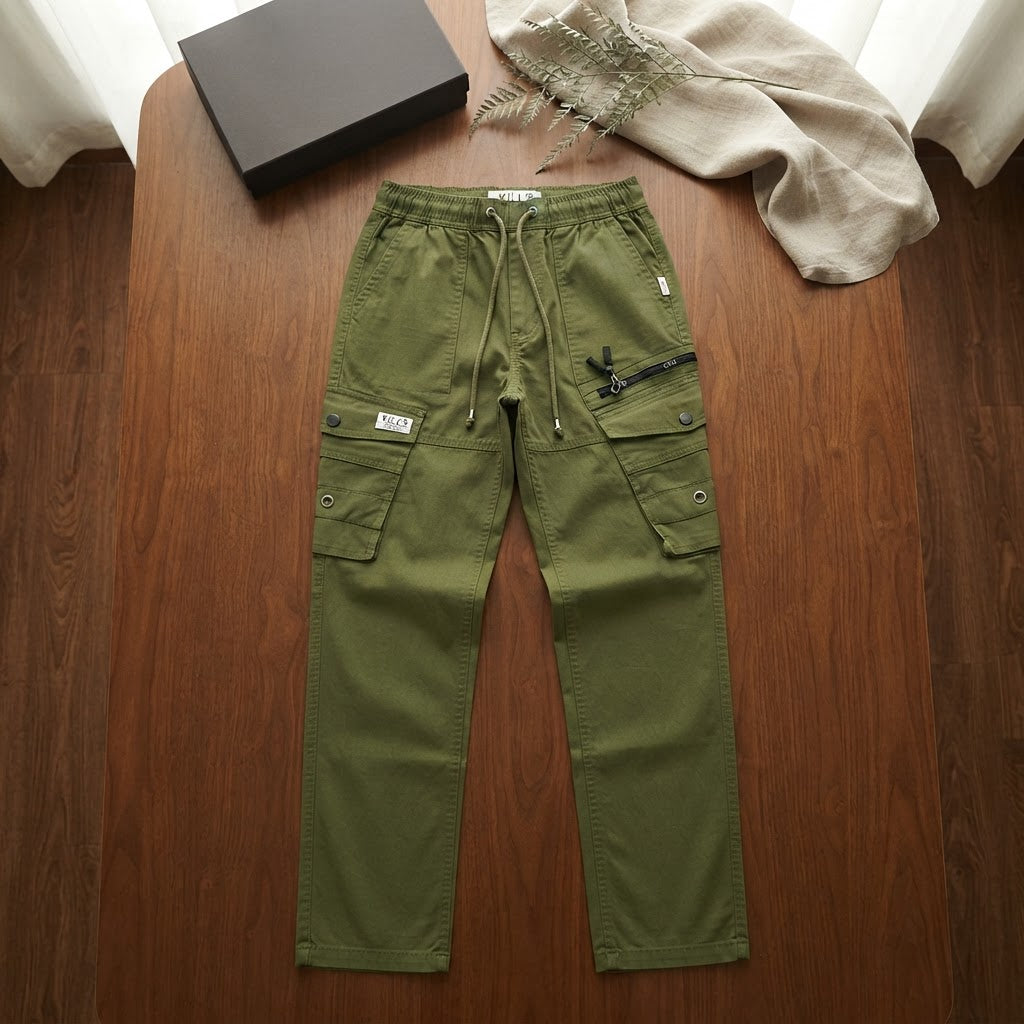 KILL'S Olive Green Loose Fit Multi-Pocket Cargo Trousers