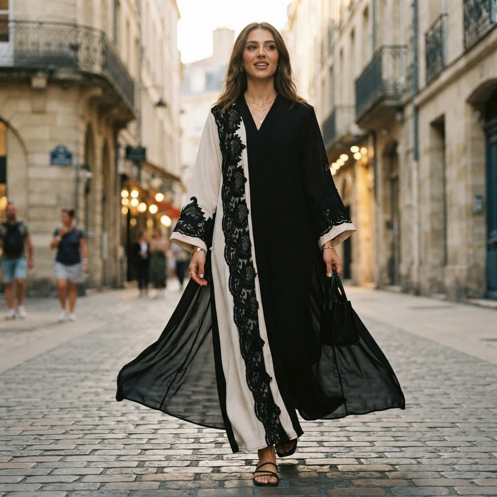 Black and Cream Lace Panel Long Tunic Kameez