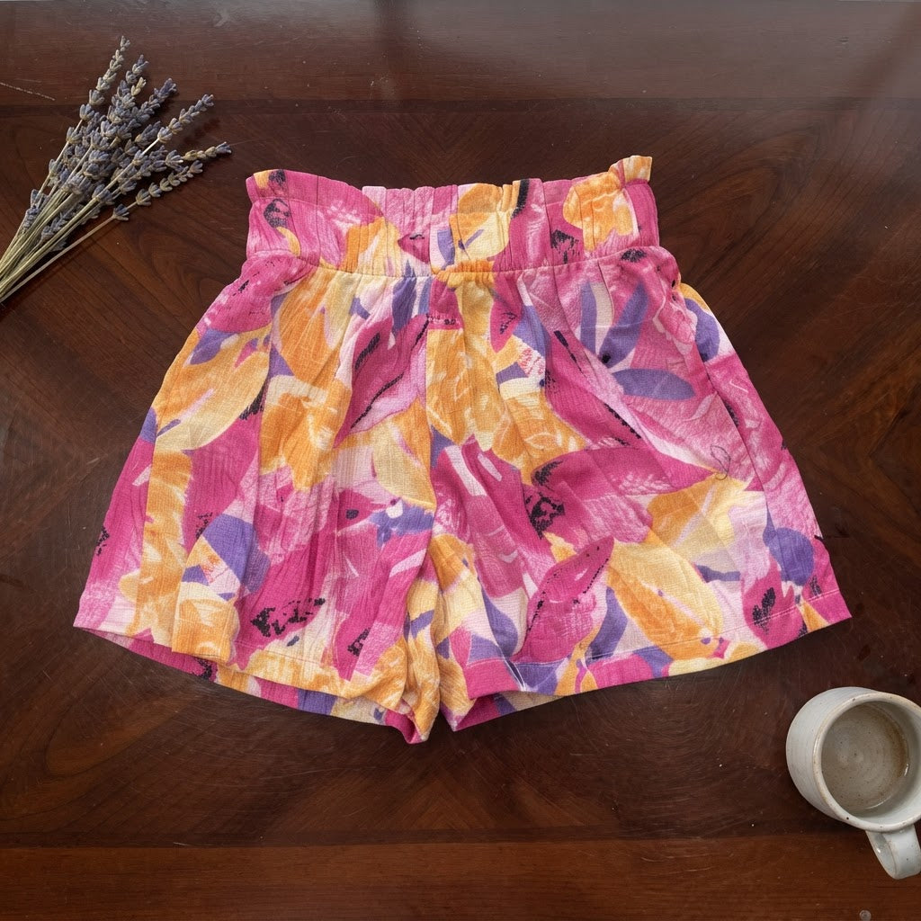 Vibrant Magenta and Orange Floral High-Waisted Shorts