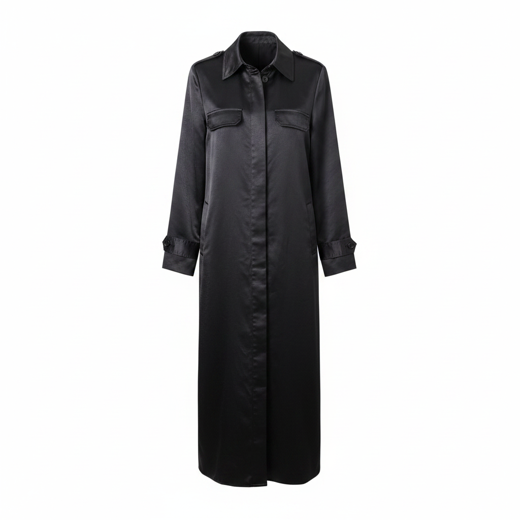 MNG Women's Charcoal Satin Maxi Shirt Dress with Epaulettes