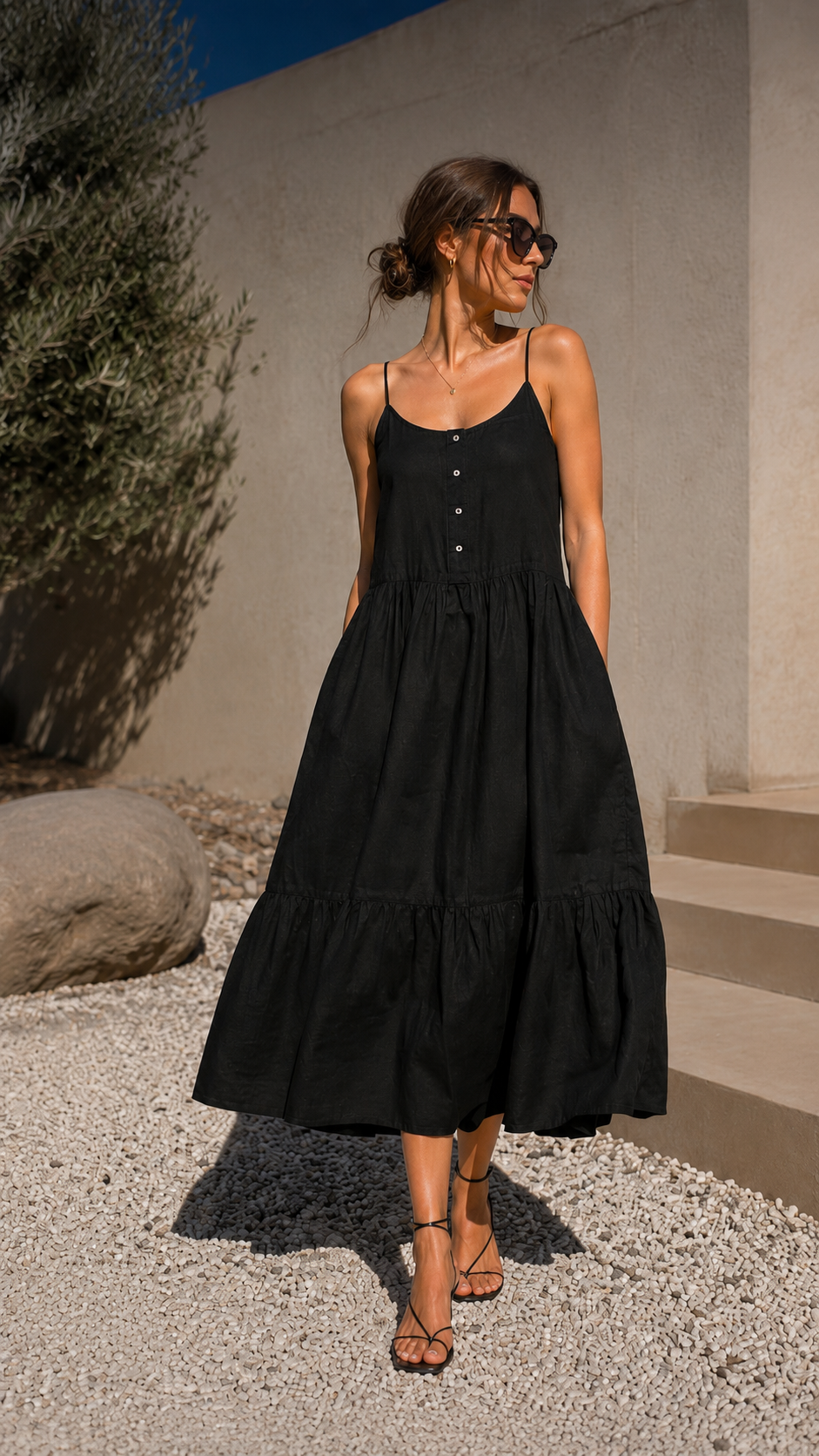 Esmara Black Tiered Lyocell Camisole Midi Dress UK 12