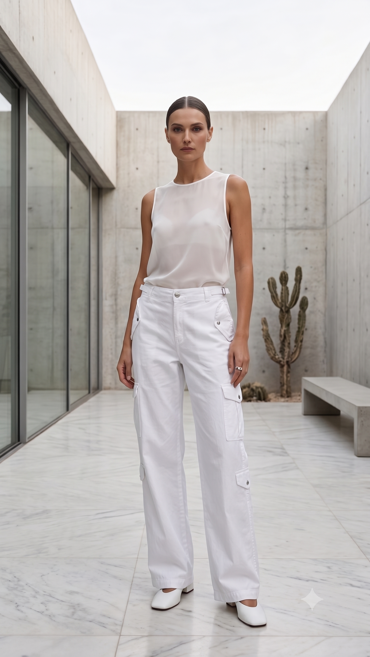Pull&Bear White High-Rise Straight Leg Cargo Pants