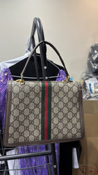 GUCCI Monogram Canvas Top Handle Bag with Web Stripe