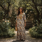 Women's Floral Long Sleeve Maxi Dress with Beaded Neckline