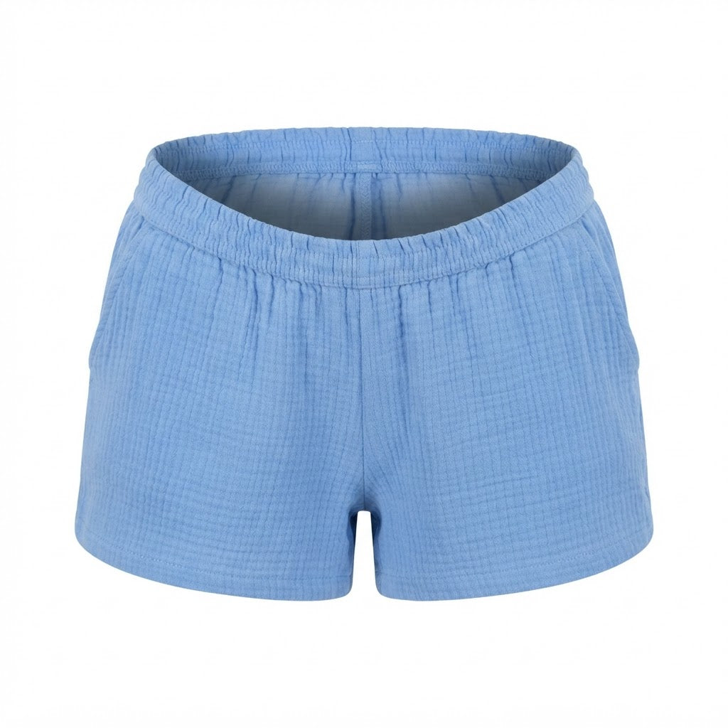 Women's Blue Muslin Elastic Waist Shorts