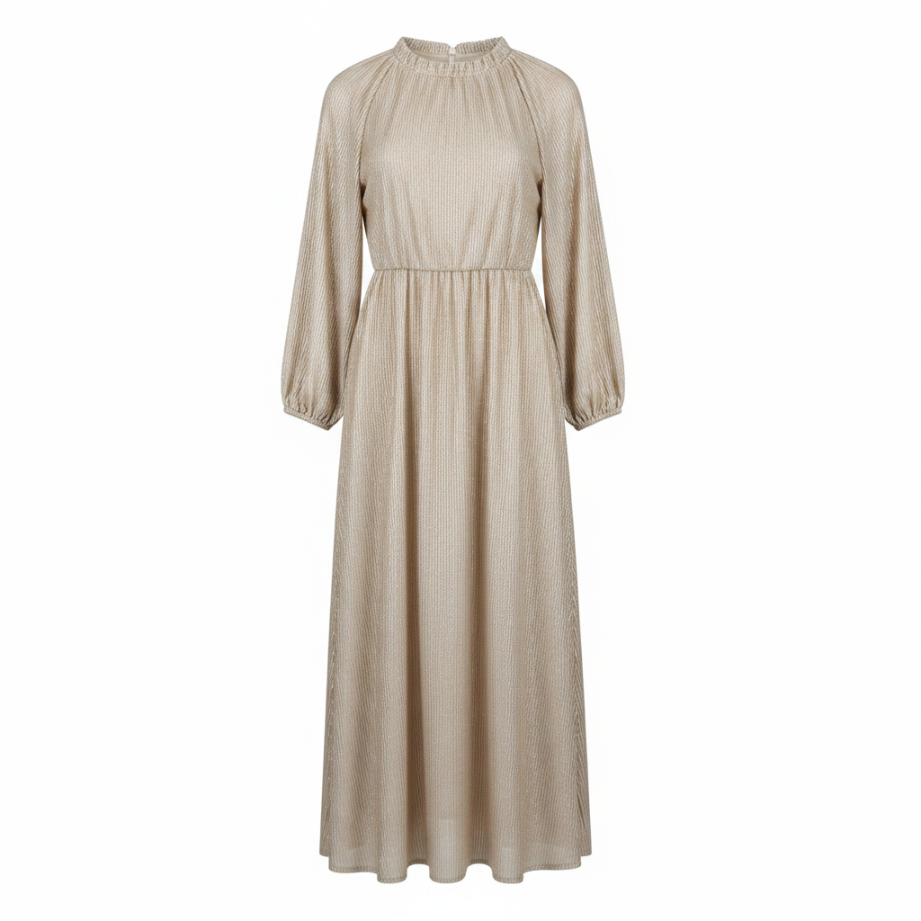 Styli Gold Metallic Plisse Long Sleeve Maxi Dress Size M