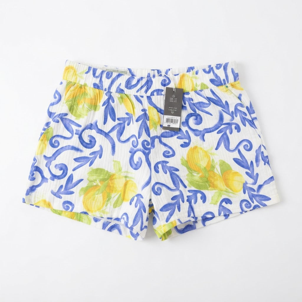 Women's Lemon Print Muslin Shorts in white and White