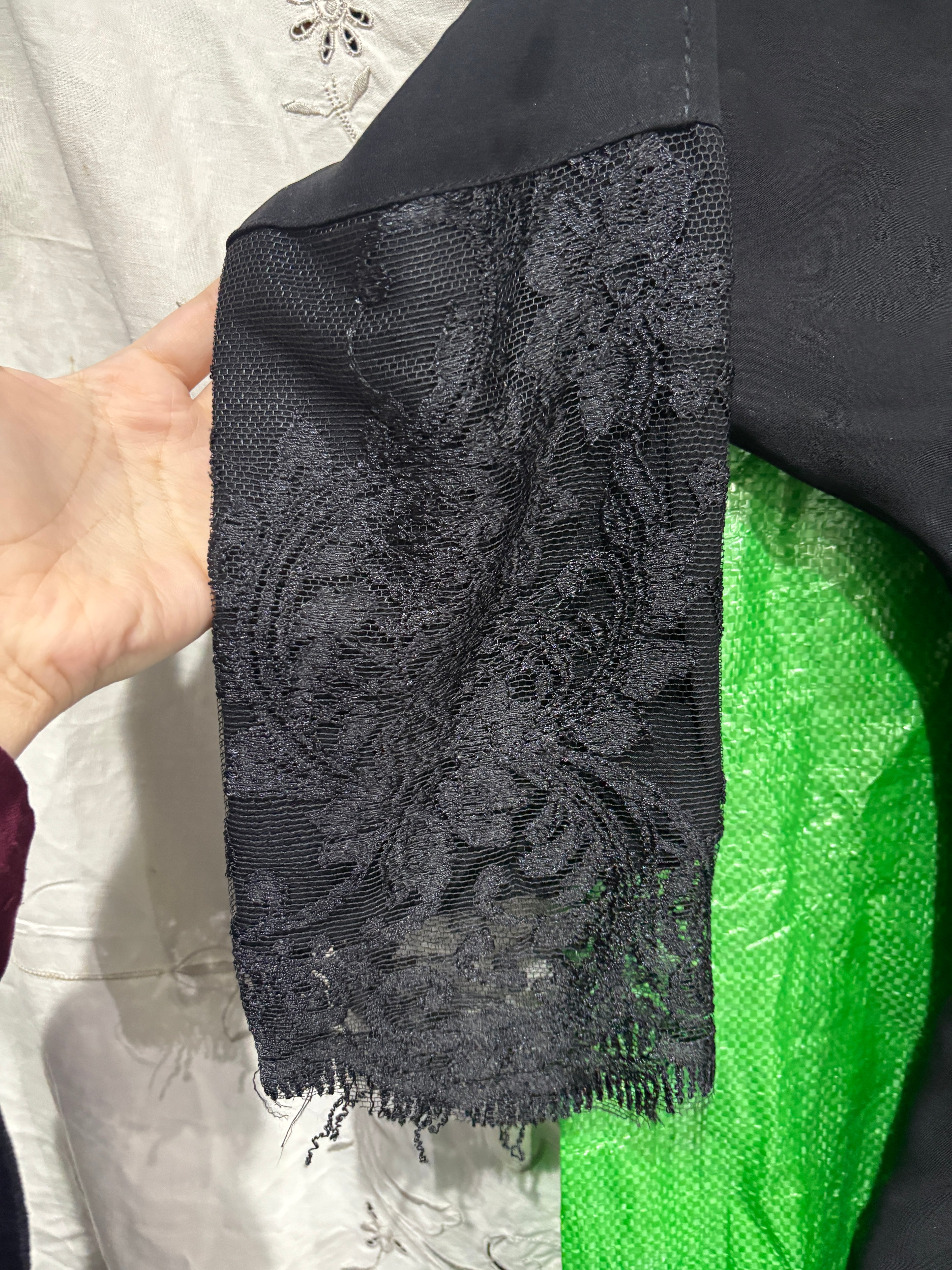 Black Open-Front Abaya with Floral Lace Cuffs and