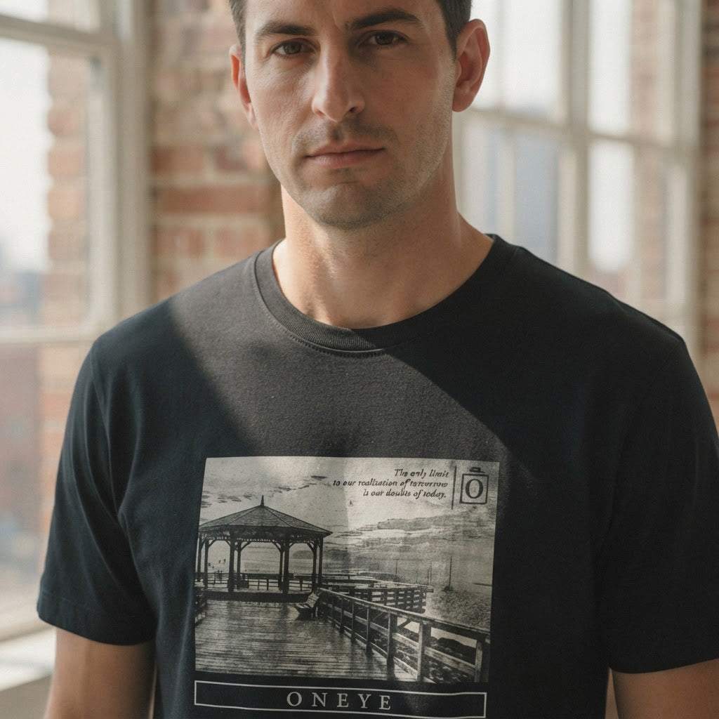 ONEYE Black ONEYE Graphic T-Shirt with Monochrome Pier Print
