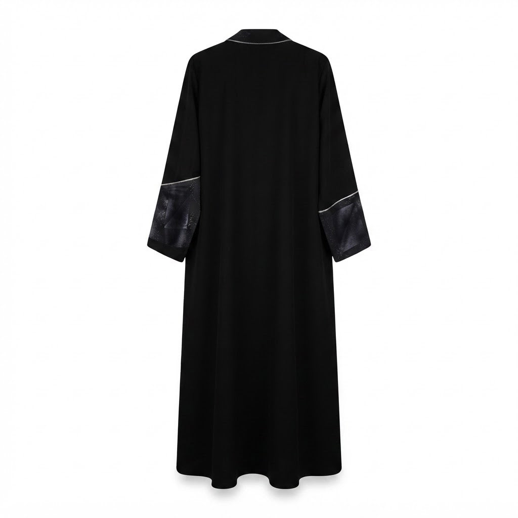 Women's Black & black Metallic Jacquard Open Abaya