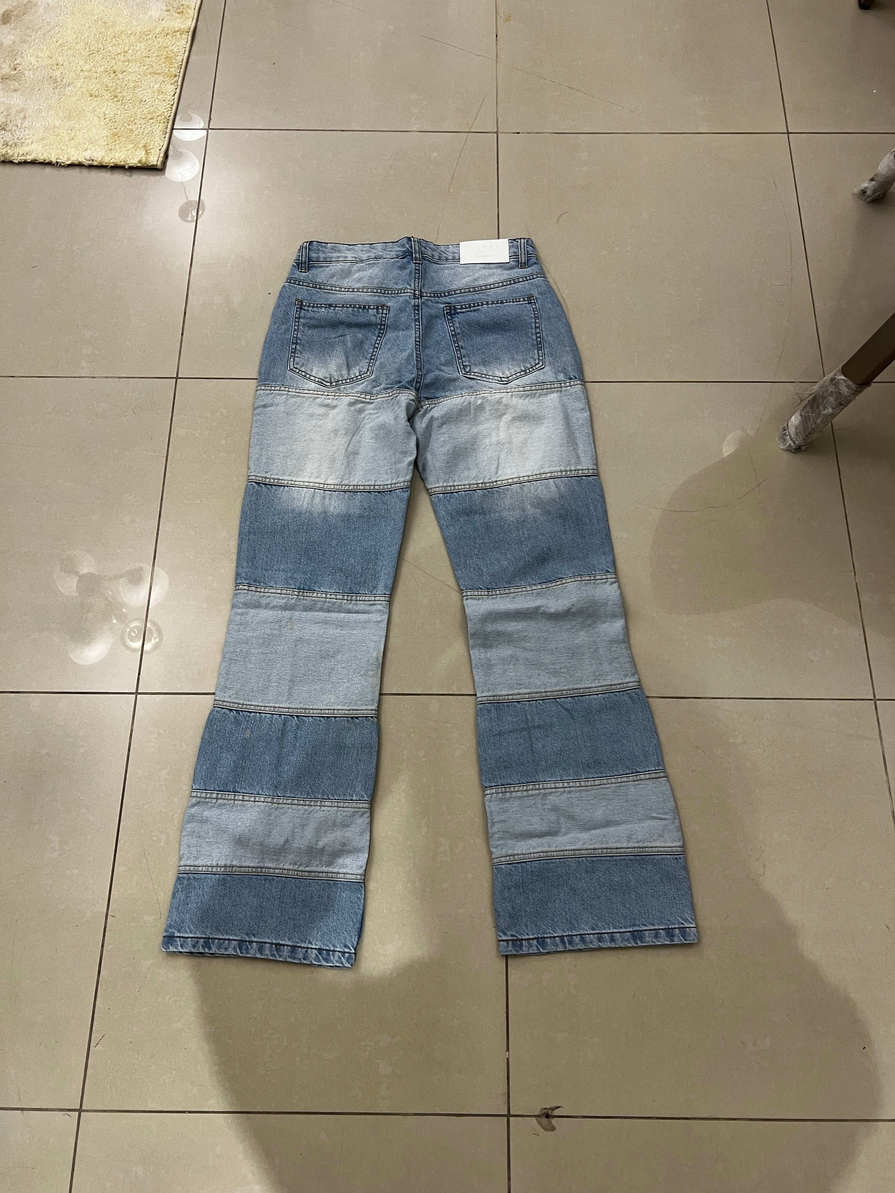 BoohooMAN Light Blue Patchwork Distressed Straight Flare Jea