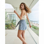 Light Wash High-Waisted Denim Shorts with Self-Tie Belt
