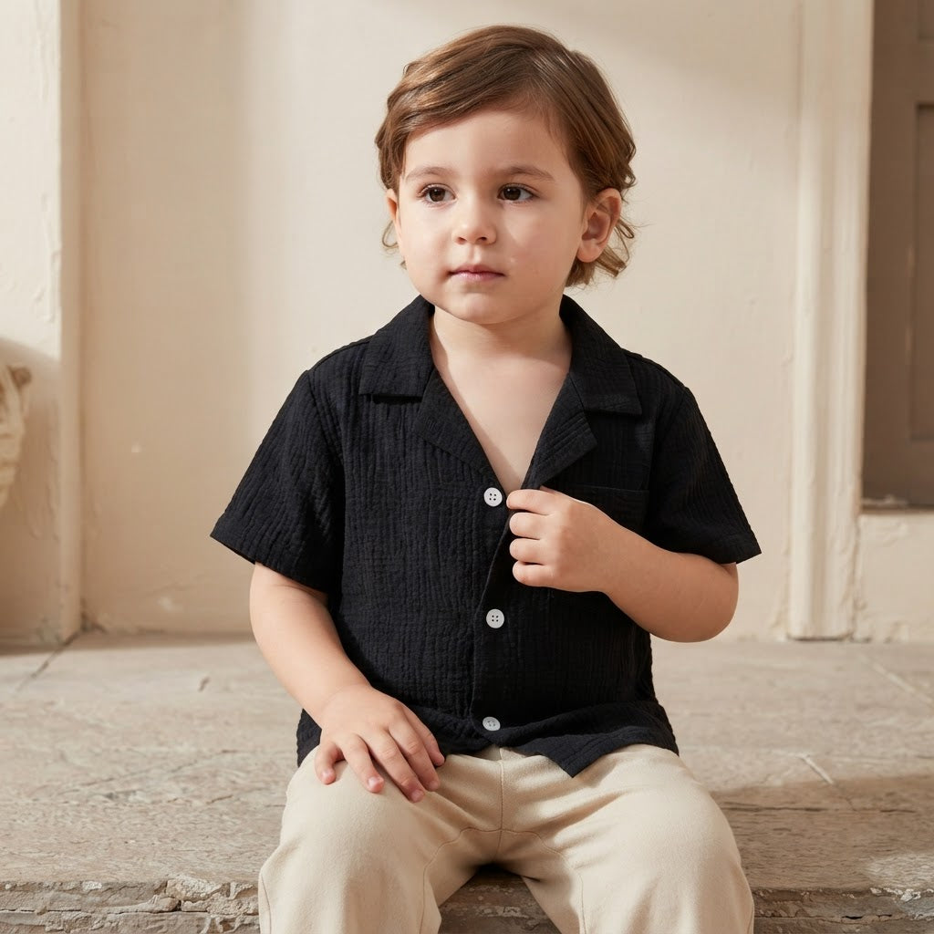 SHEIN SHEIN Black Crinkle Gauze Camp Collar Toddler Shirt