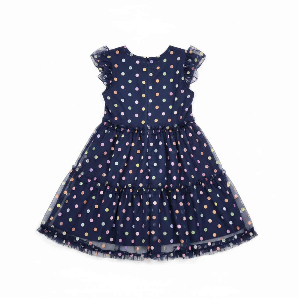 Three Pink Hearts Navy Metallic Polka Dot Tiered Dress