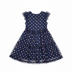 Three Pink Hearts Navy Metallic Polka Dot Tiered Dress