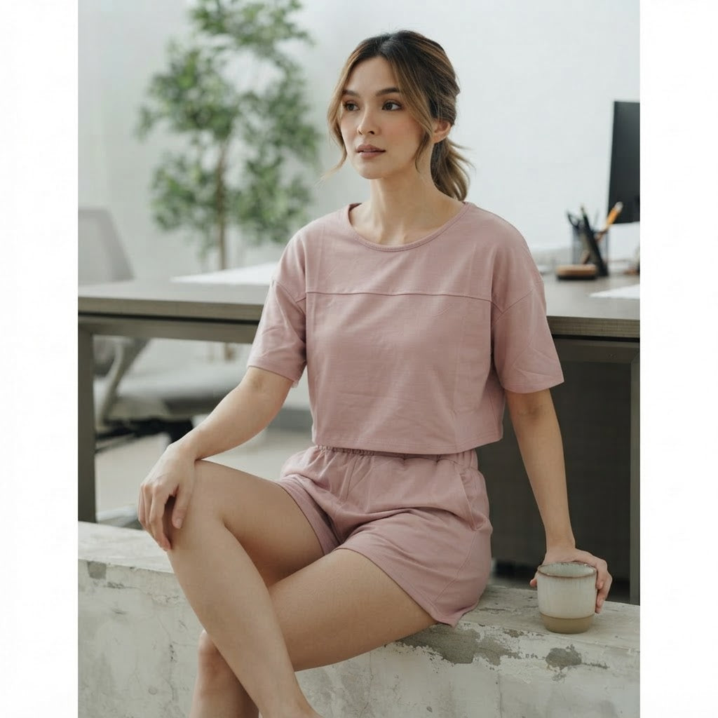 SHEIN Dusty Rose Boxy Crop Top and Ruched Shorts Co-ord Set