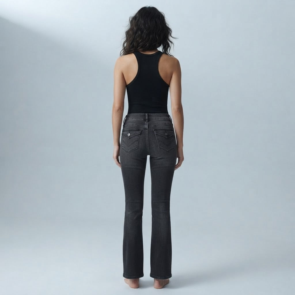 Bershka Washed Black Flare Jeans with Chevron Pocket Detail