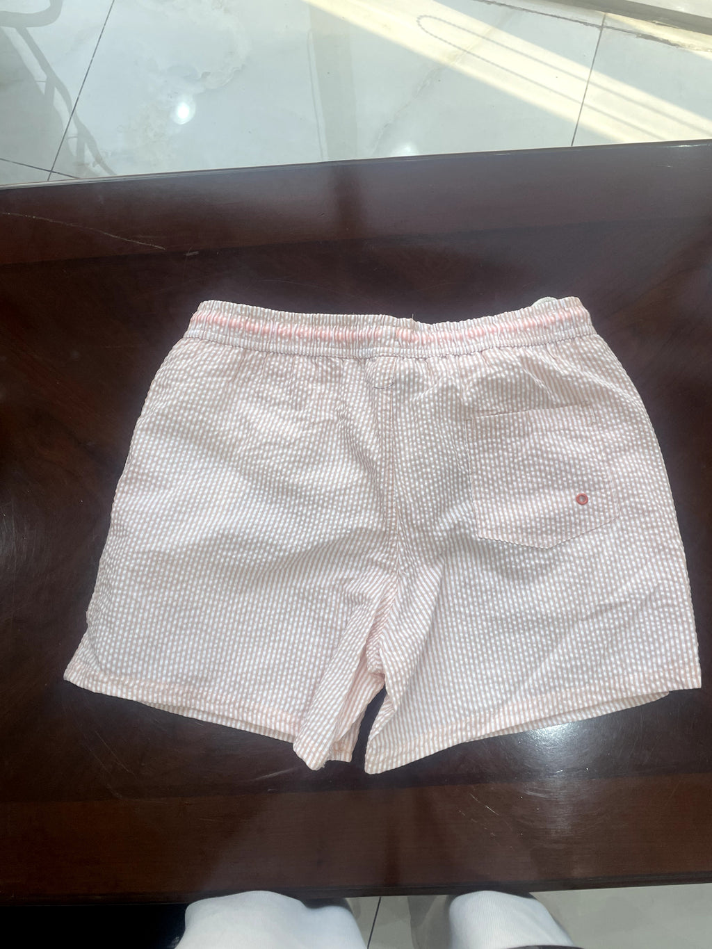 Men's Peach Seersucker Striped Shorts with Orange Drawstring