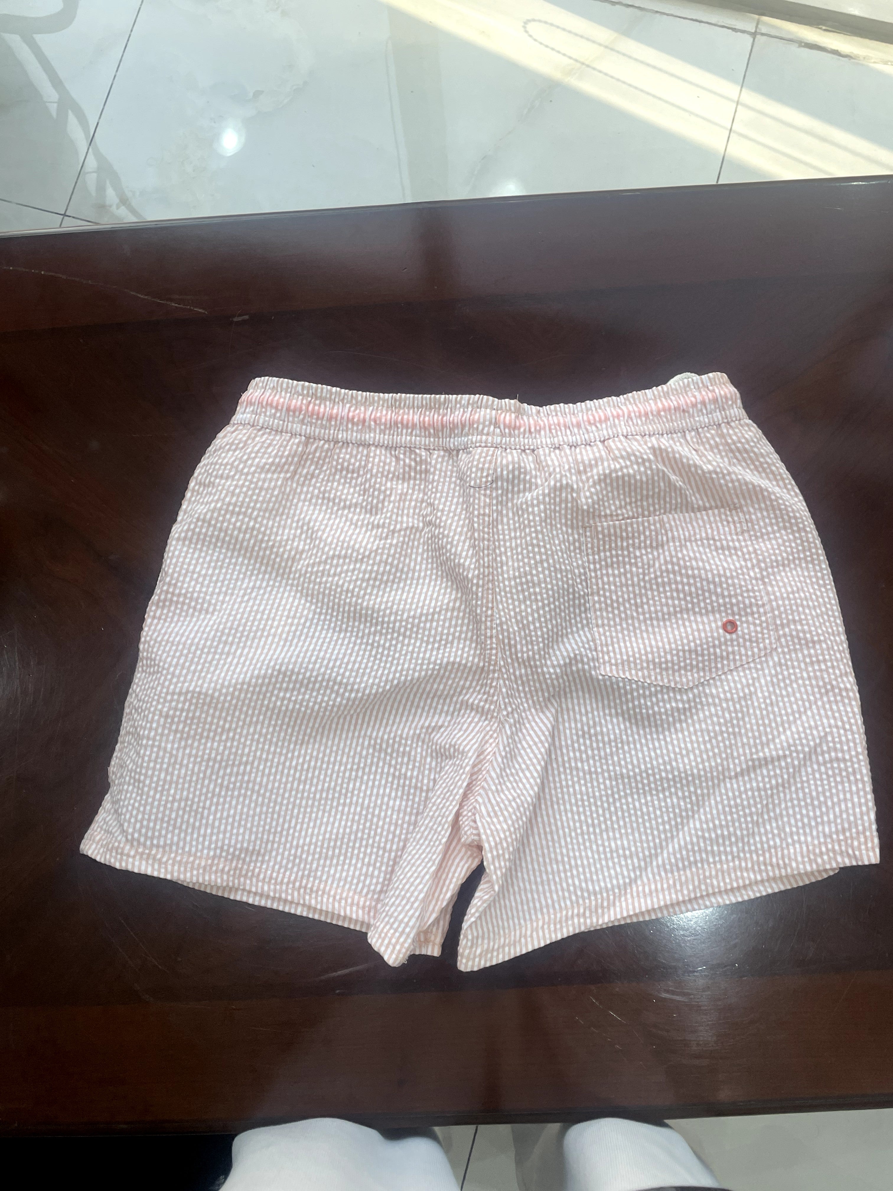 Men's Peach Seersucker Striped Shorts with Orange Drawstring