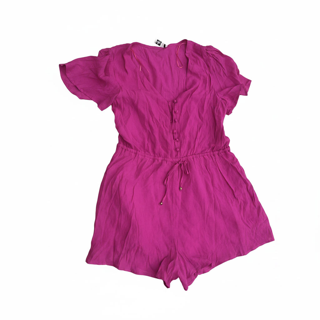 Women's Magenta V-Neck Button-Front Linen Blend Romper