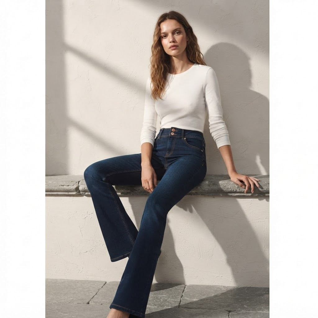 Bershka Dark Indigo Double-Button High-Rise Slim Flare Jeans