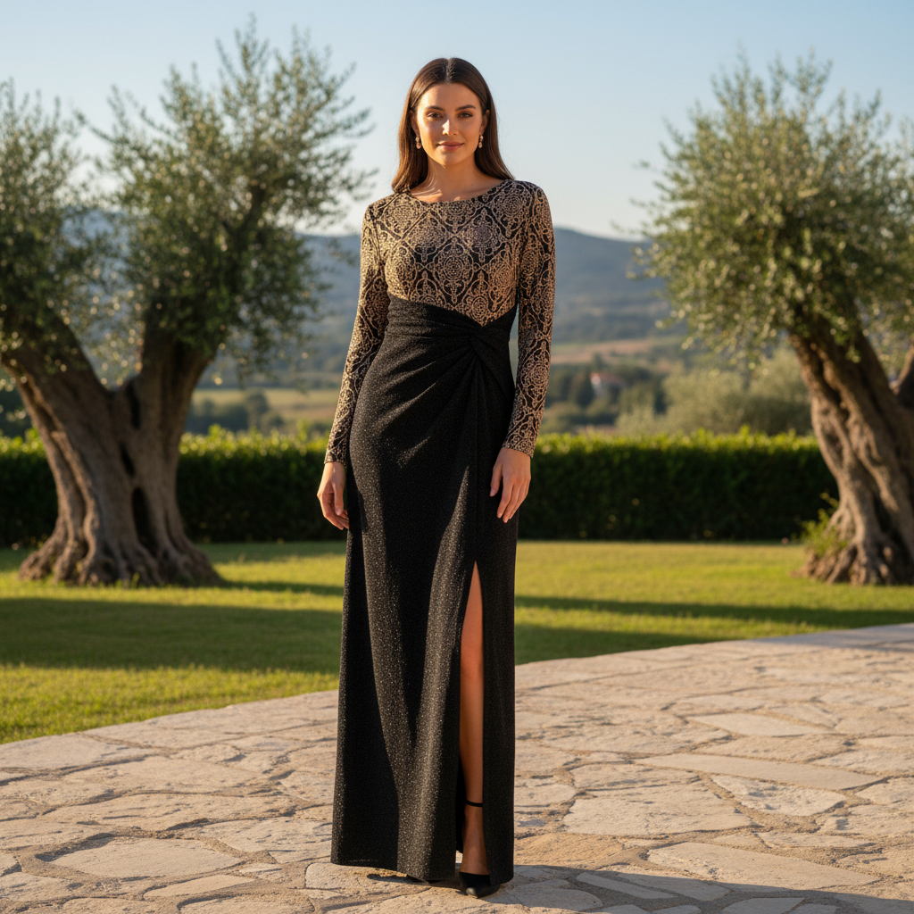 Women's Black & Gold Metallic Long Sleeve Maxi Dress