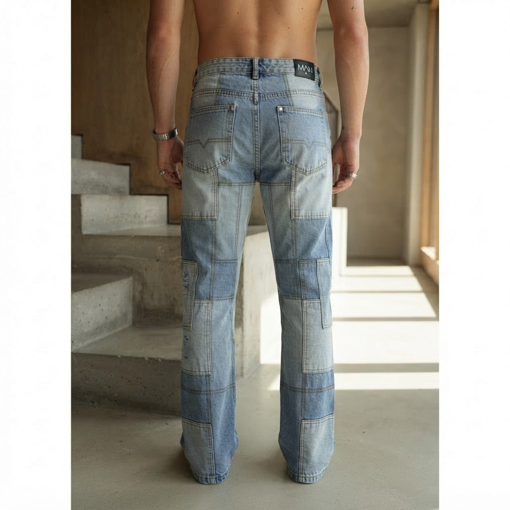 BoohooMAN Light Blue Patchwork Distressed Straight Flare Jea