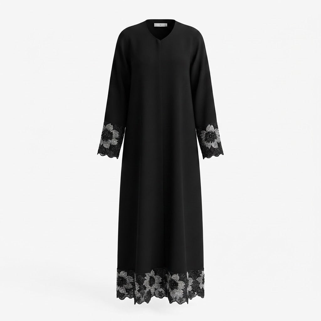 Black Floral Lace Crepe Abaya Long Robe