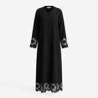 Black Floral Lace Crepe Abaya Long Robe