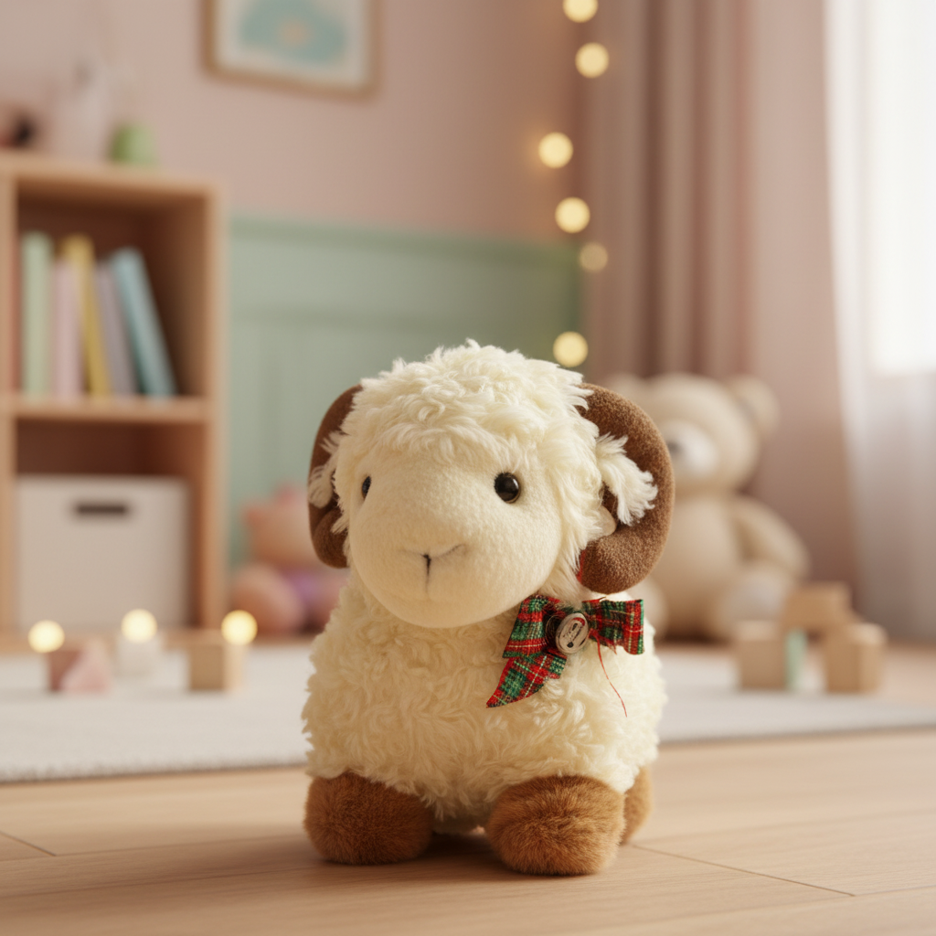 Plush Sheep Ram Toy with Plaid Bow - Kids Stuffed Animal
