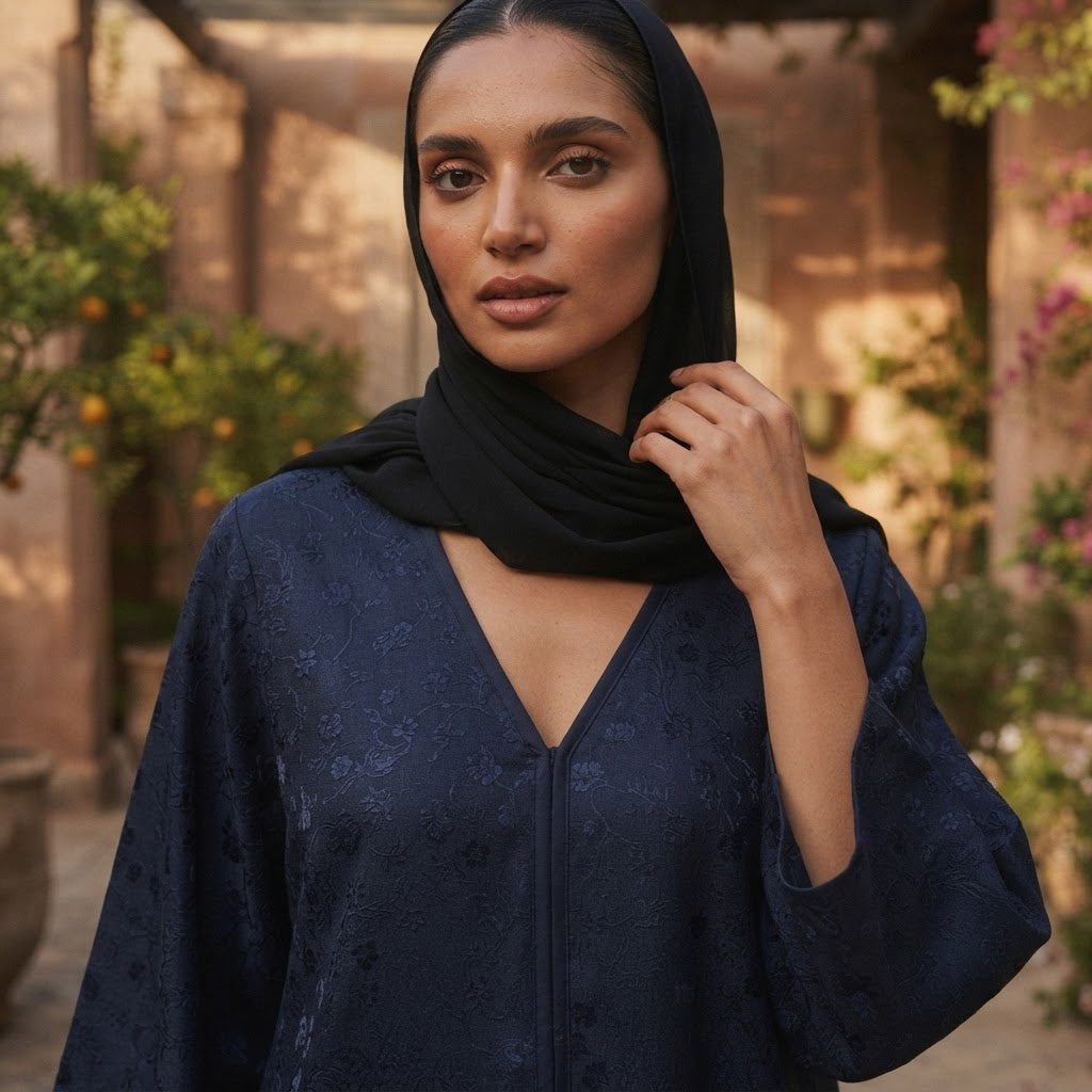 Navy Blue Floral Jacquard Long Modest V-Neck Dress