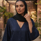 Navy Blue Floral Jacquard Long Modest V-Neck Dress