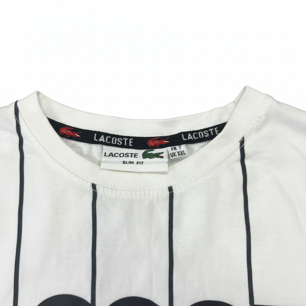LACOSTE Women's White Striped Short-Sleeve Logo T-Shirt