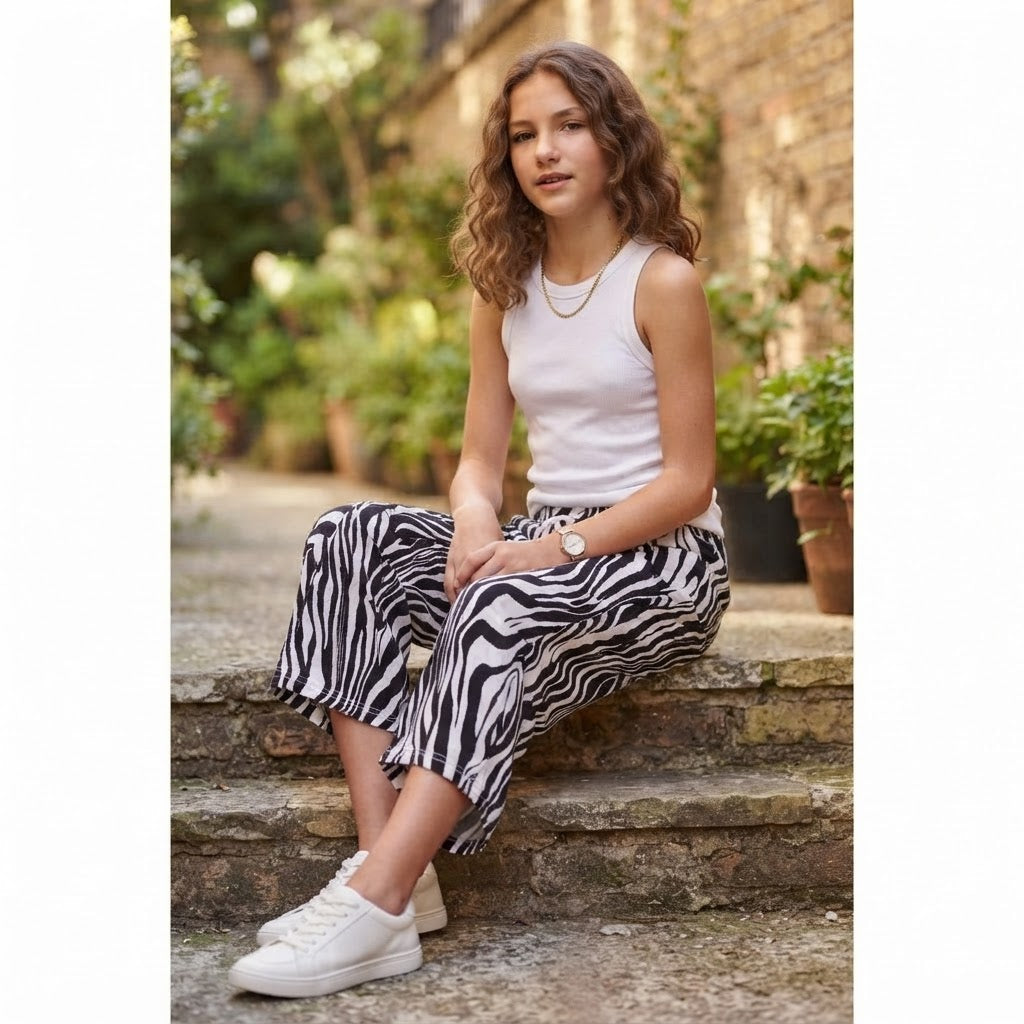 Black and White Zebra Print Wide-Leg Cropped Trousers