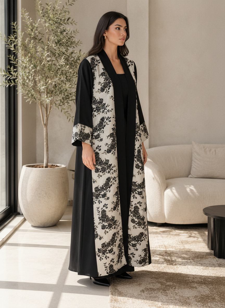 UNIQUE ABAYA Unique Abaya Black & Gold Floral Jacquard Open-