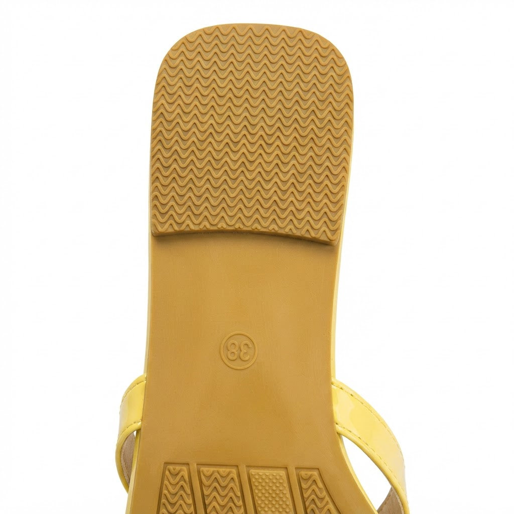Women's Yellow Glossy Flat Thong Sandals with Flower