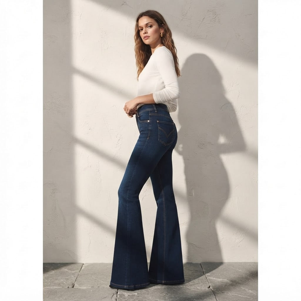 Bershka Dark Indigo Double-Button High-Rise Slim Flare Jeans