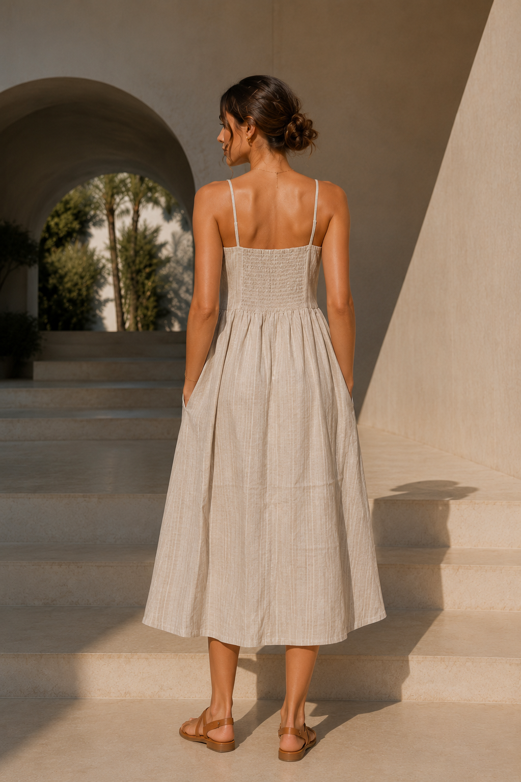 Women's Beige Linen Blend Button-Down Midi Dress