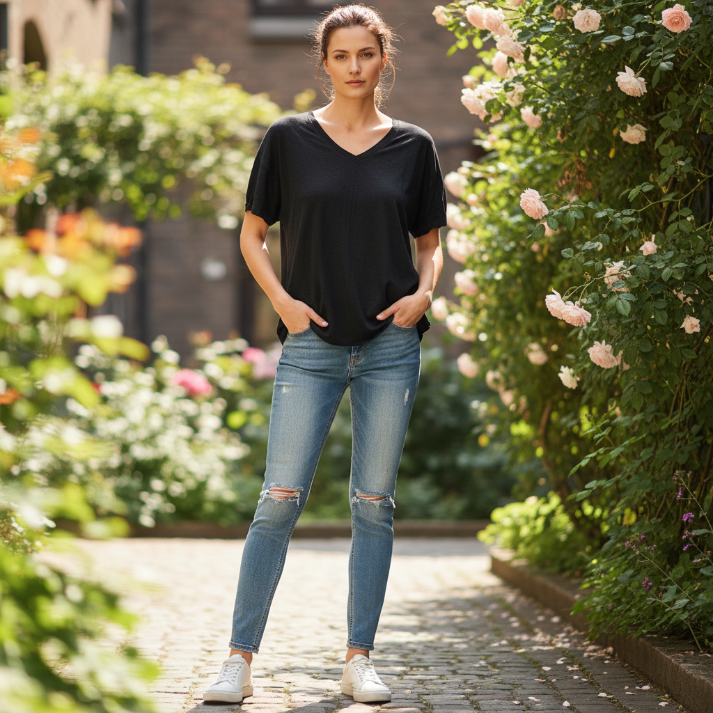 Women's Charcoal V-Neck Relaxed Fit T-Shirt