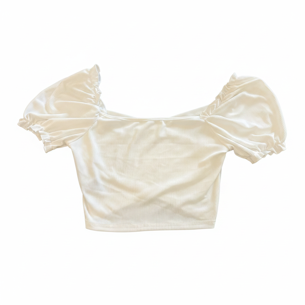 Women's White Ribbed Puff Sleeve Crop Top