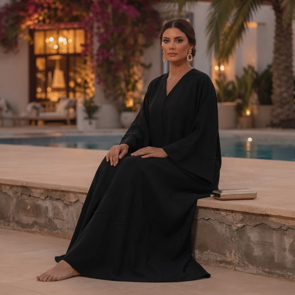 SHADER Deep Navy Black Crepe Abaya with Beaded Butterfly Cuf