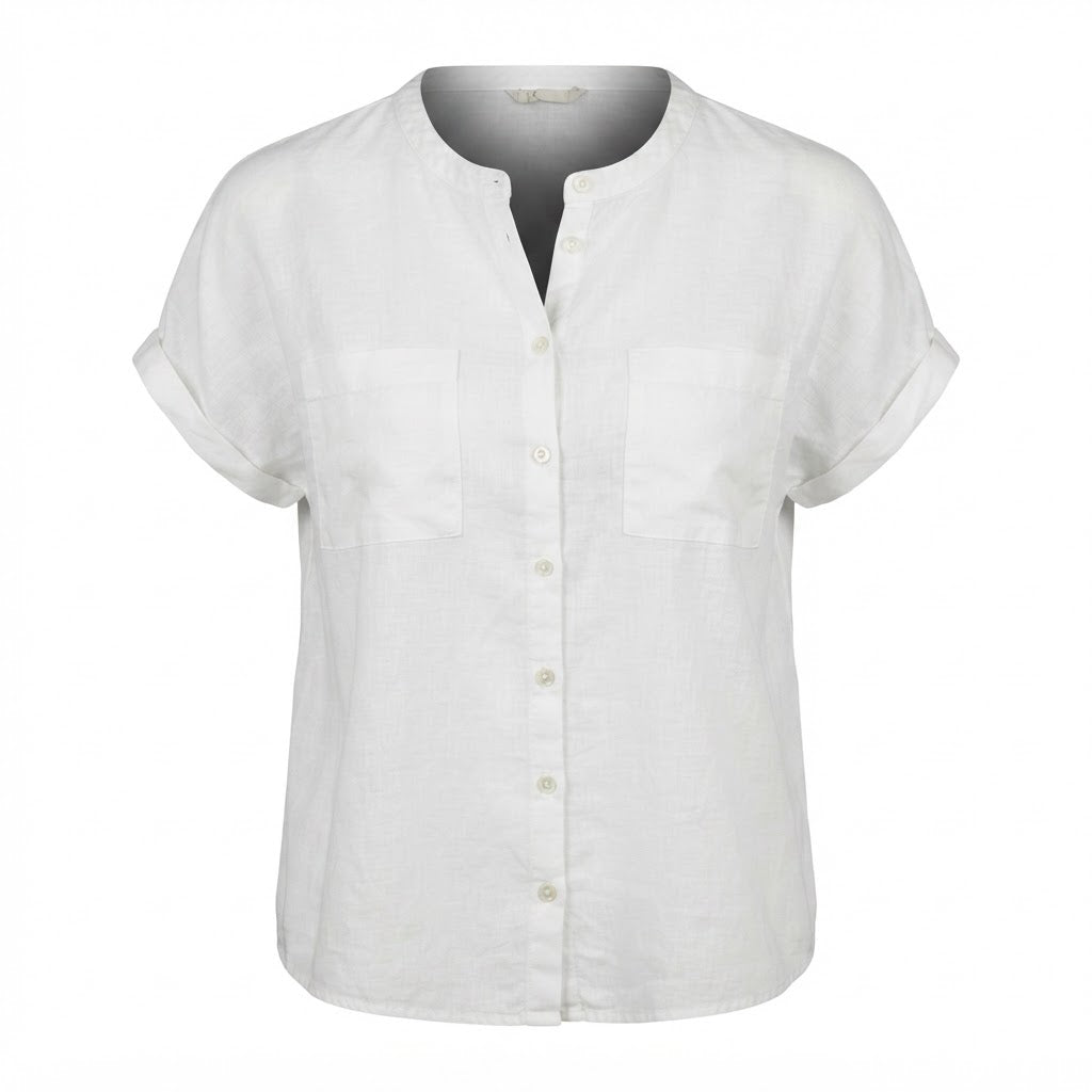 C&A Women's White Collarless Short Sleeve Linen Shirt