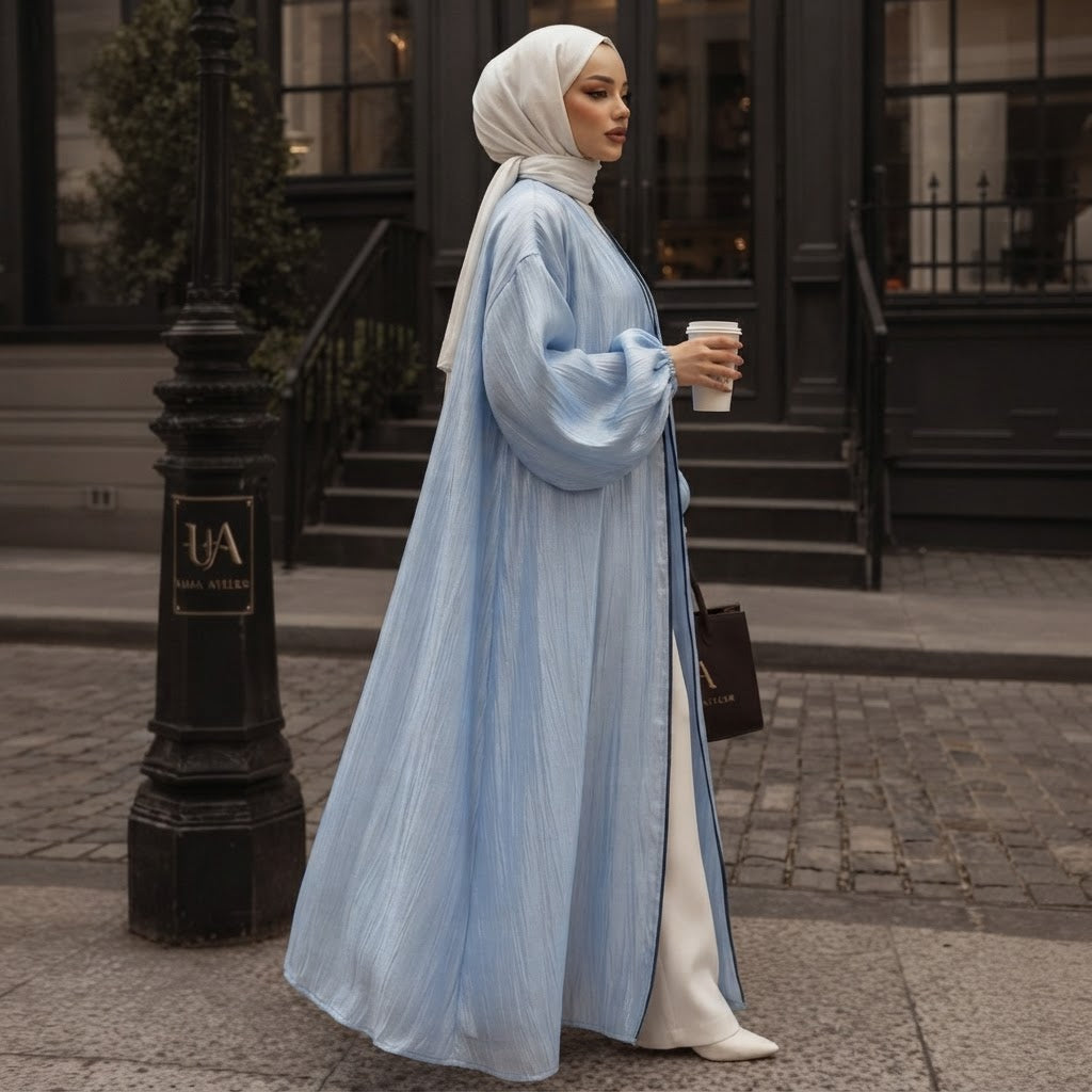 Powder Blue Crinkle Organza Floor-Length Abaya Dress
