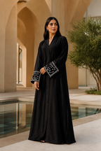 Women's Black Embellished Open-Front A-Line Abaya - Size 56