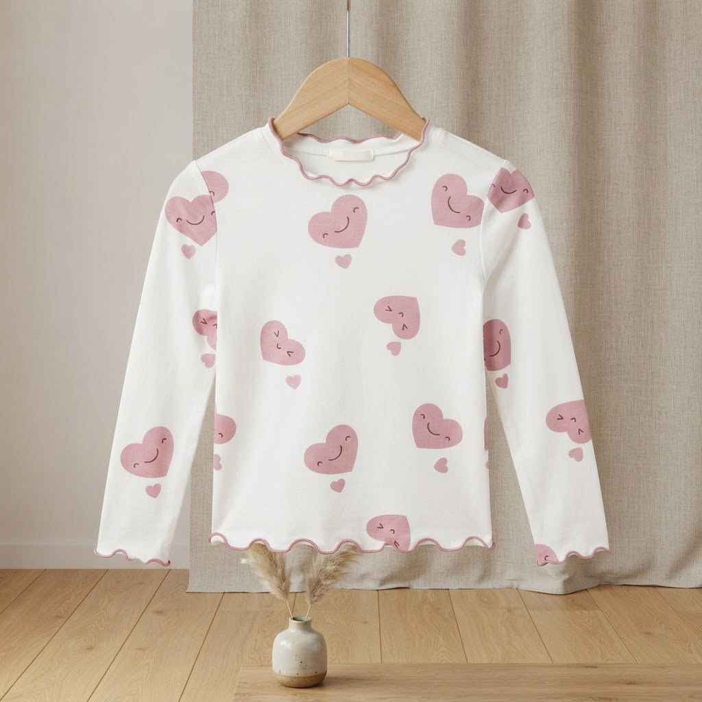 SHEIN White & Pink Heart Print Long-Sleeve Lettuce-Edge Top