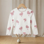 SHEIN White & Pink Heart Print Long-Sleeve Lettuce-Edge Top
