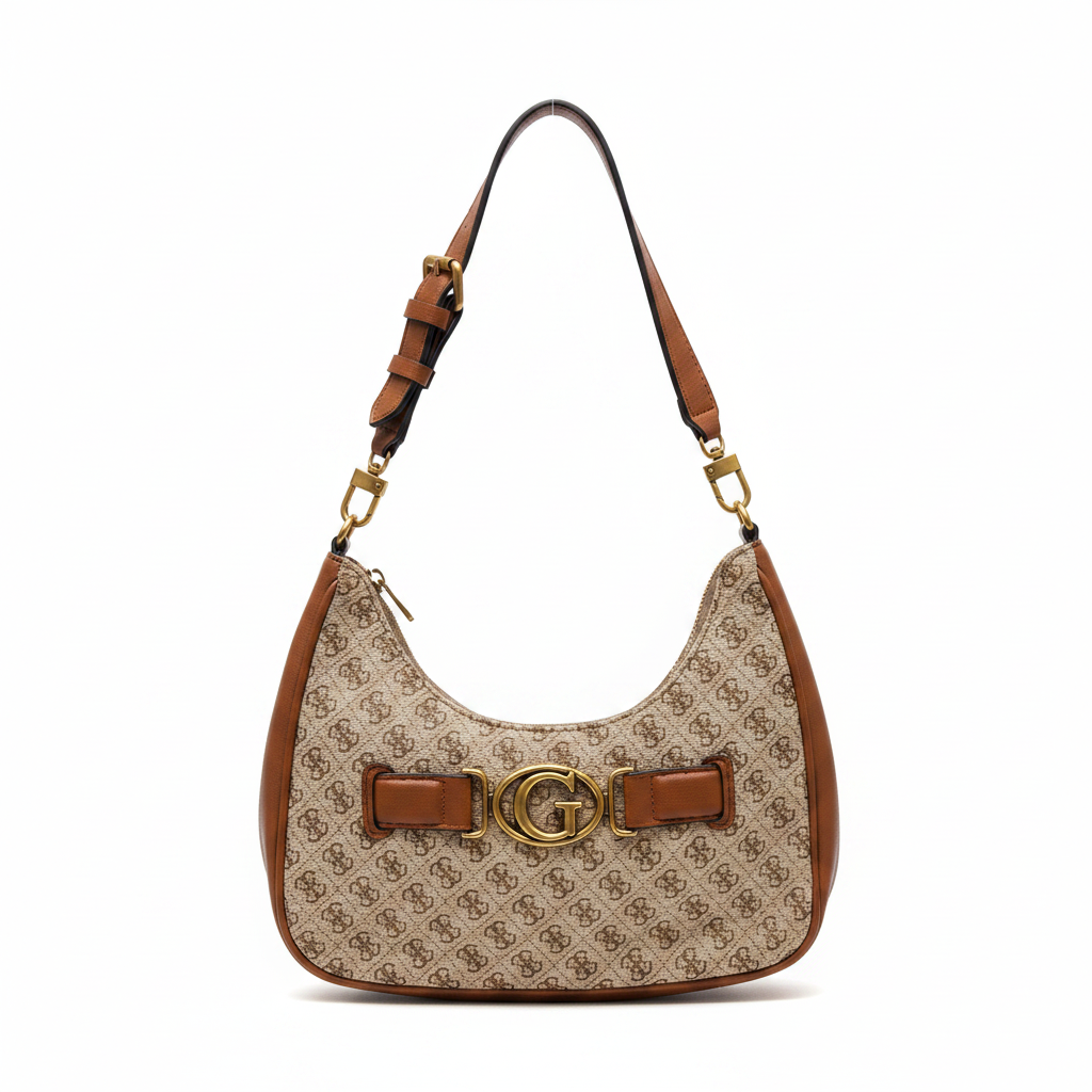 Guess Monogram Hobo Shoulder Bag with Gold Hardware