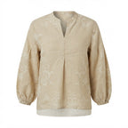 ZARA Women's Beige Long-Sleeve Linen-Blend Floral Damask Tun